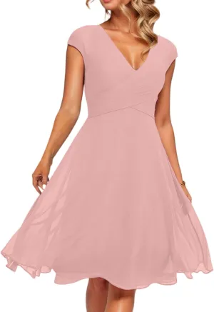 Summer Midi Dresses for Women Chiffon Bridesmaid Dresses Fit and Flare Dress V Neck Cap Sleeve Tie Empire Waist Frocks