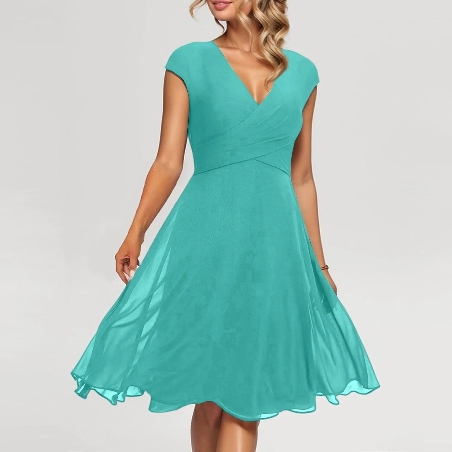 Summer Midi Dresses for Women Chiffon Bridesmaid Dresses Fit and Flare Dress V Neck Cap Sleeve Tie Empire Waist Frocks