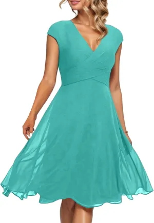 Summer Midi Dresses for Women Chiffon Bridesmaid Dresses Fit and Flare Dress V Neck Cap Sleeve Tie Empire Waist Frocks