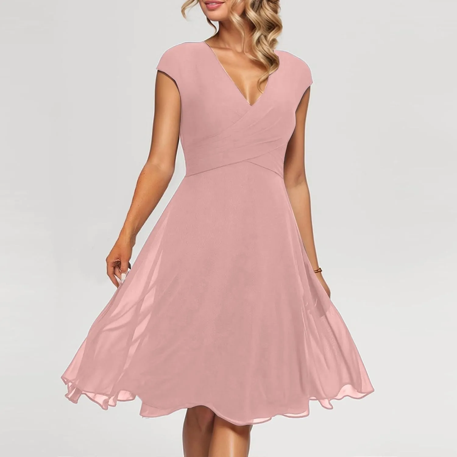 Summer Midi Dresses for Women Chiffon Bridesmaid Dresses Fit and Flare Dress V Neck Cap Sleeve Tie Empire Waist Frocks