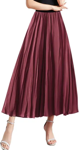 Summer Pleated Midi Skirts for Women Casual High Waisted Solid Color Flowy A Line Swing Long Skirt