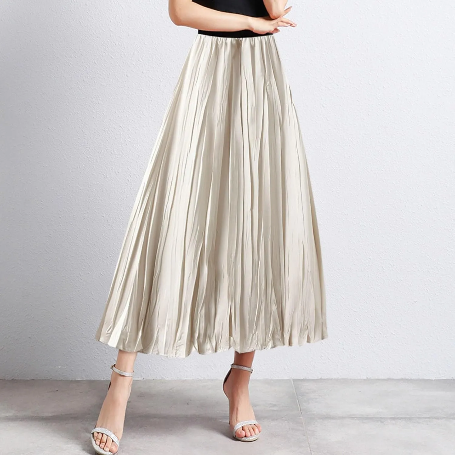 Summer Pleated Midi Skirts for Women Casual High Waisted Solid Color Flowy A Line Swing Long Skirt