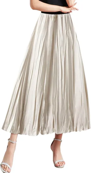 Summer Pleated Midi Skirts for Women Casual High Waisted Solid Color Flowy A Line Swing Long Skirt