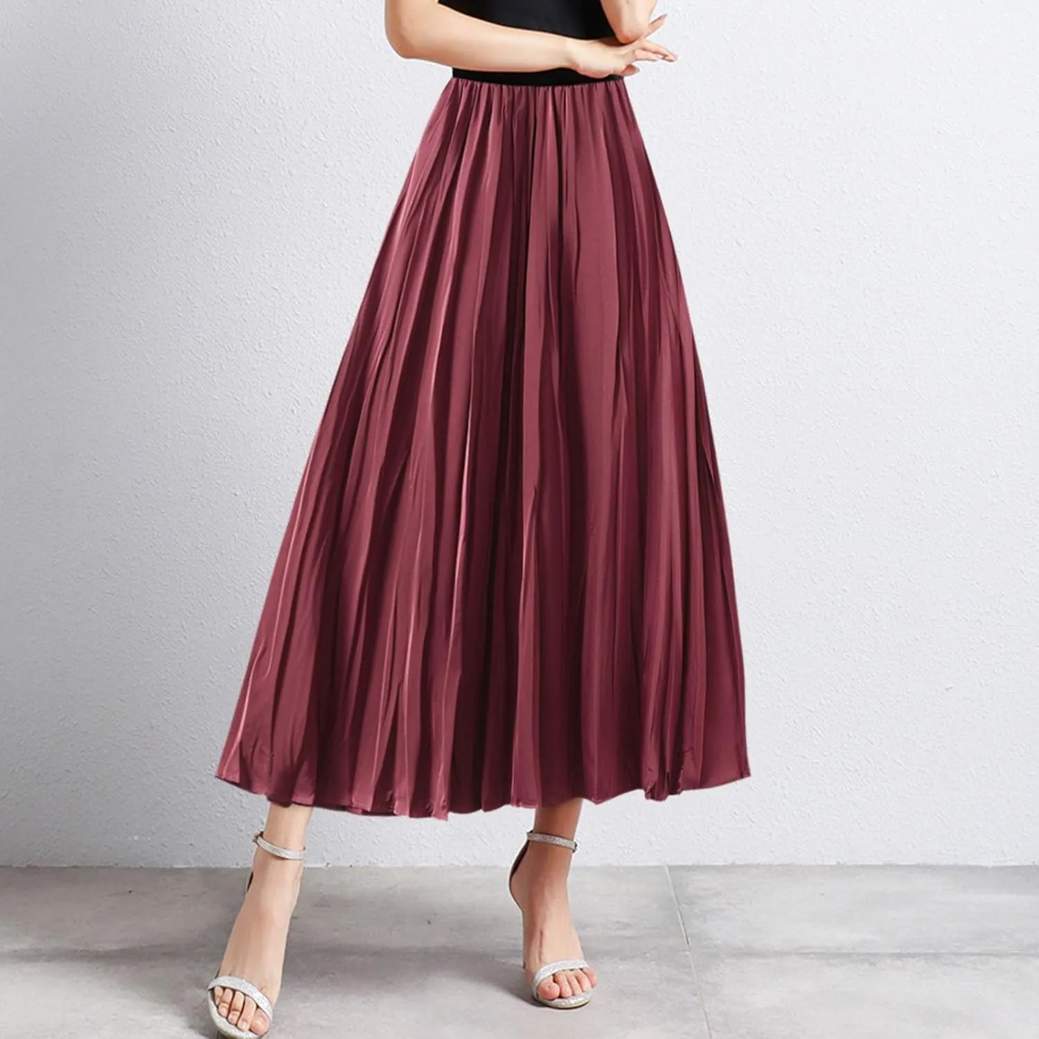 Summer Pleated Midi Skirts for Women Casual High Waisted Solid Color Flowy A Line Swing Long Skirt