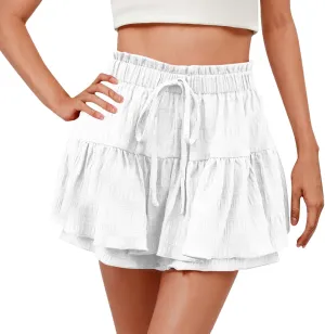 Summer Skirts for Women Casual High Waisted Drawstring Ruffle Layer Skort Shorts Fashion Flowy Beach Short Pants