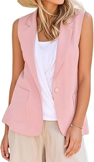 Summer Vest for Women Casual Open Front Sleeveless Blazers Business Lapel Button Suit Vests Loose Work Office Jacket