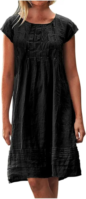Sundresses for Women Casual Cotton Linen Mini Dress Pleated Summer T-Shirt Dresses Loose Round Neck Short Sleeve Dresses