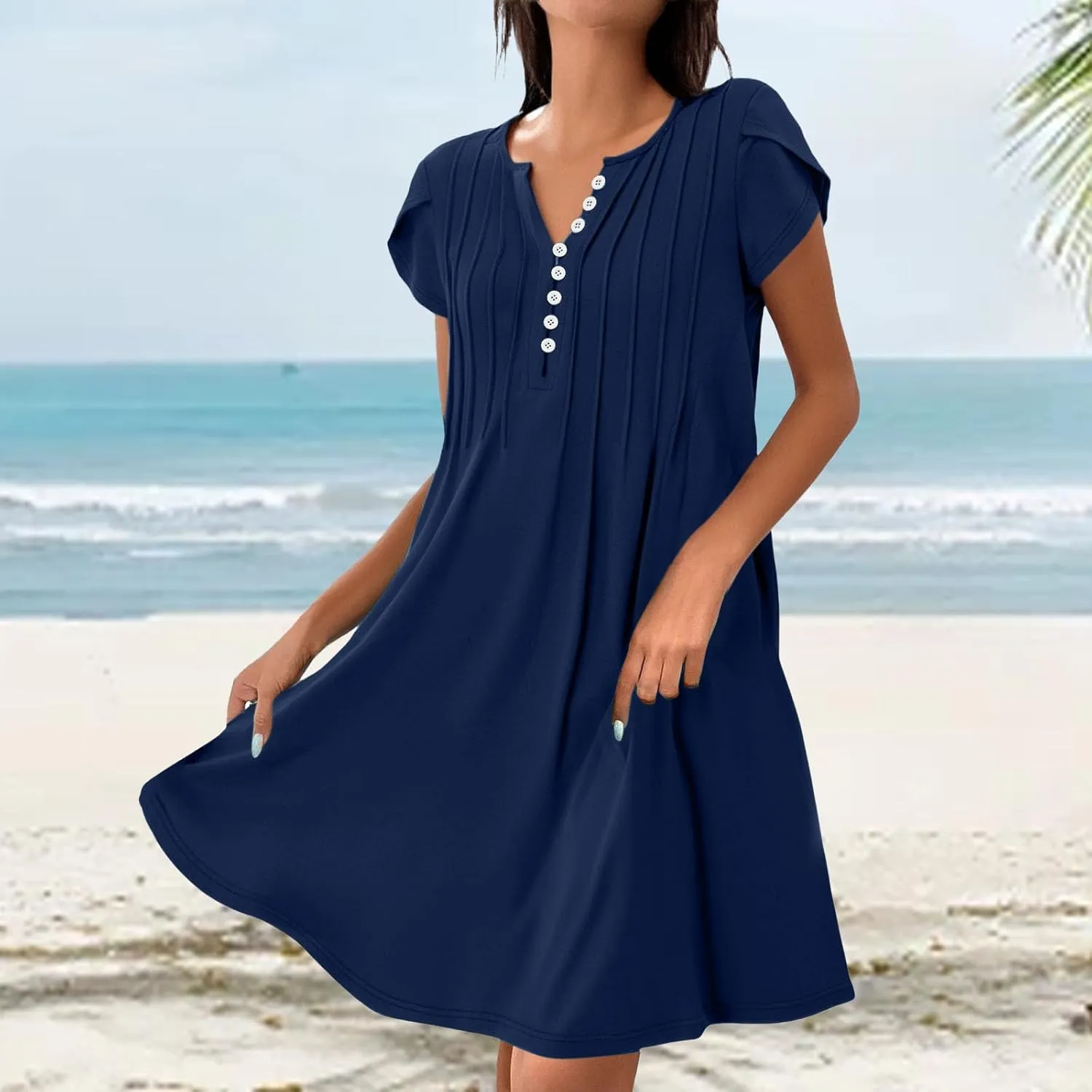 Sundresses for Women Summer Casual Beach Dresses 2025 Vacation Swim Cover Up V Neck Summer Dress Button Mini Dresses