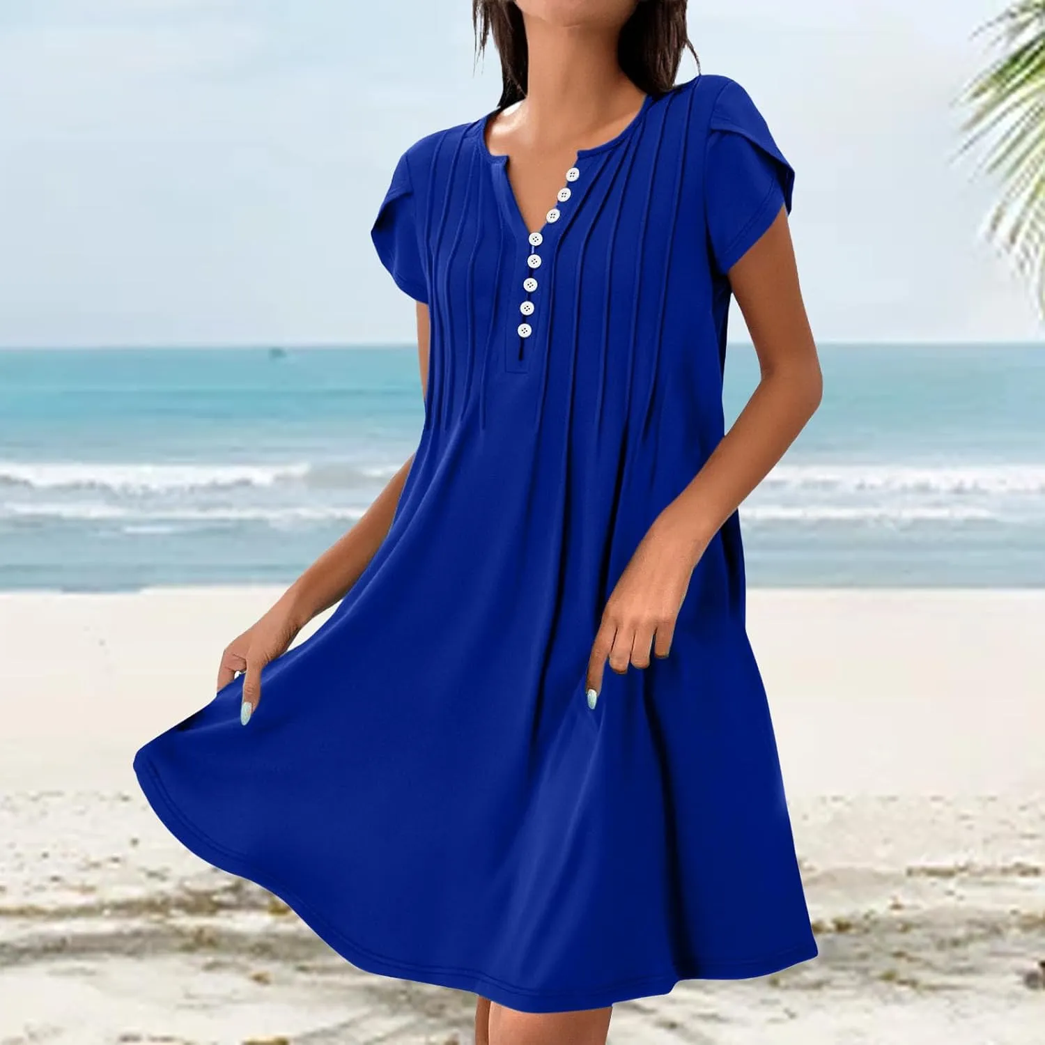 Sundresses for Women Summer Casual Beach Dresses 2025 Vacation Swim Cover Up V Neck Summer Dress Button Mini Dresses