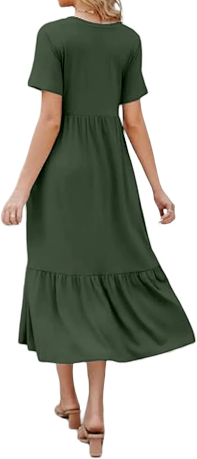 Sundresses for Women V Neck Ruffle Hem Dresses A Line Loose Fit High Waist Dress Flowy Tiered Elegant Dresses 2025