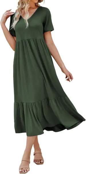 Sundresses for Women V Neck Ruffle Hem Dresses A Line Loose Fit High Waist Dress Flowy Tiered Elegant Dresses 2025