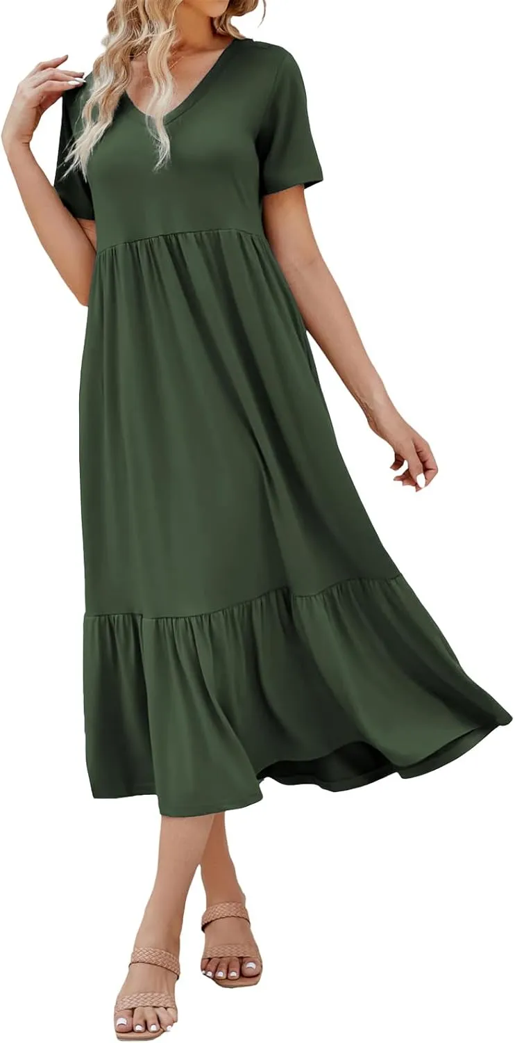 Sundresses for Women V Neck Ruffle Hem Dresses A Line Loose Fit High Waist Dress Flowy Tiered Elegant Dresses 2025