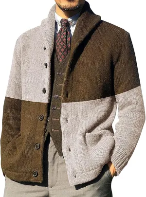 Sweaters for Men,Mens Color Block Cardigan Sweaters Shawl Collar Knitted Long Sleeves Button Down Sweater with Pockets