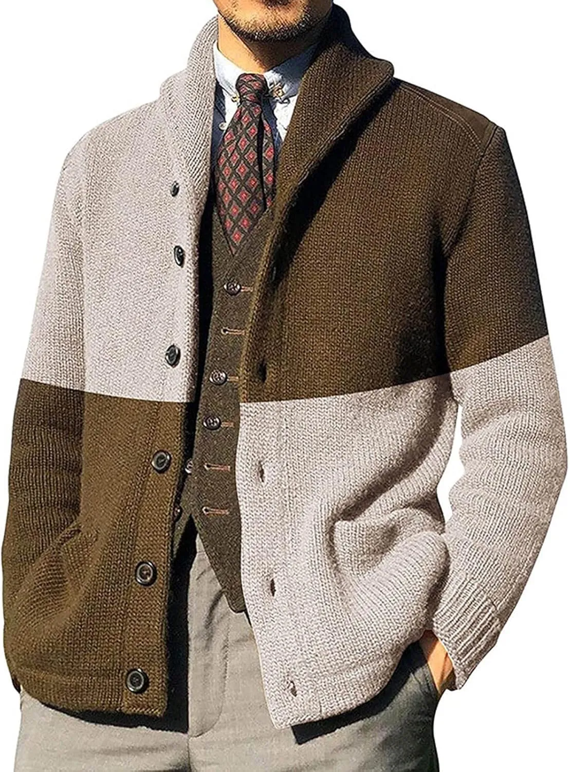 Sweaters for Men,Mens Color Block Cardigan Sweaters Shawl Collar Knitted Long Sleeves Button Down Sweater with Pockets
