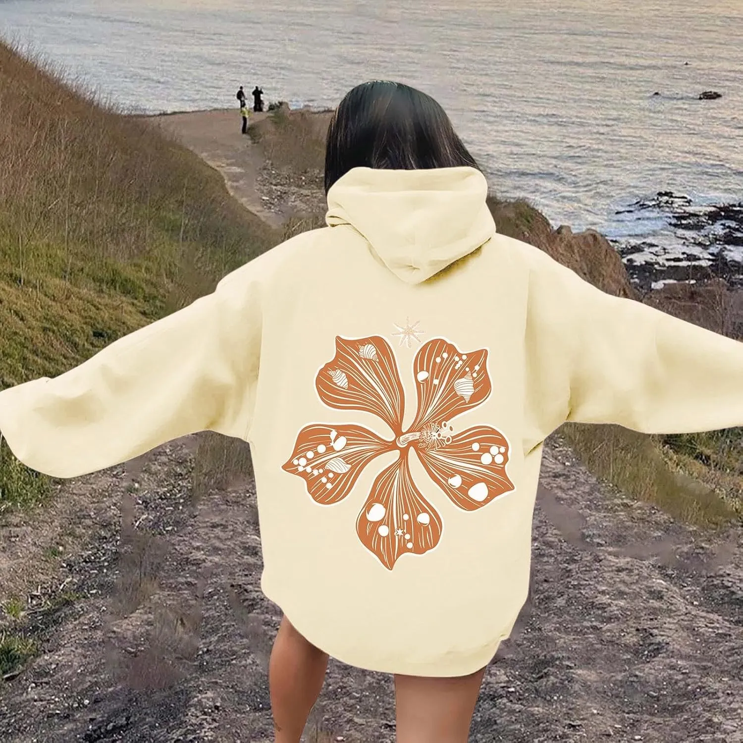 Sweatshirt Womens Pink Palm Puff Hoodie Girls Hoodie Cute Print Long Sleeve Graphic Women's Oversized Sweatshirt