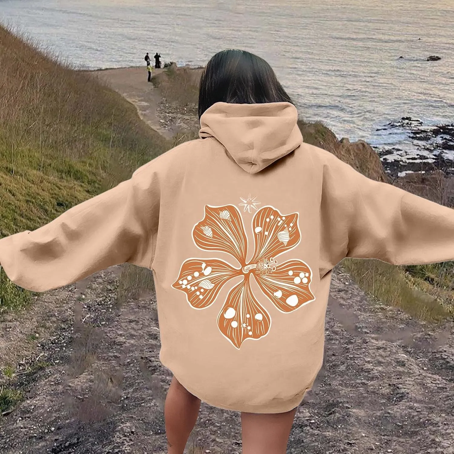 Sweatshirt Womens Pink Palm Puff Hoodie Girls Hoodie Cute Print Long Sleeve Graphic Women's Oversized Sweatshirt