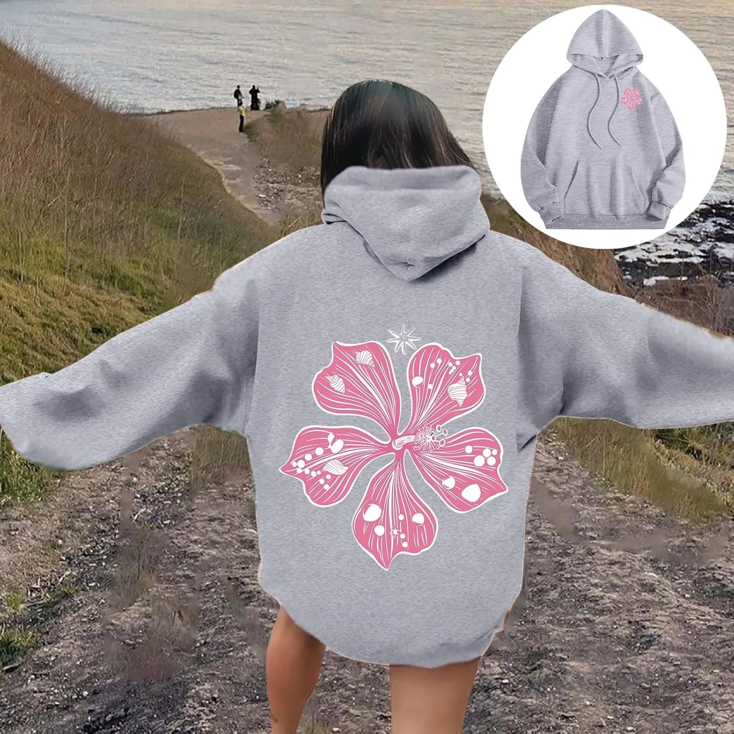Sweatshirt Womens Pink Palm Puff Hoodie Girls Hoodie Cute Print Long Sleeve Graphic Women's Oversized Sweatshirt