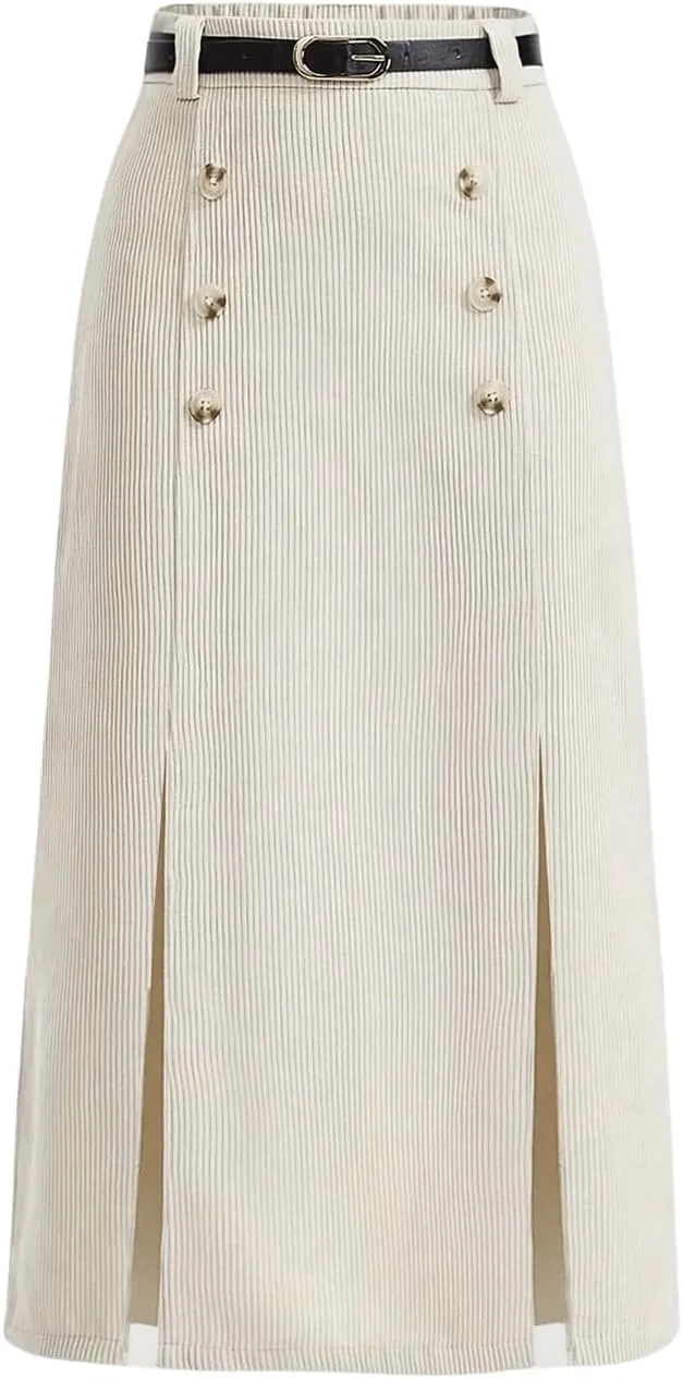 SweatyRocks Women's Split Midi Skirt Button Front High Waisted Fall Corduroy Skirts