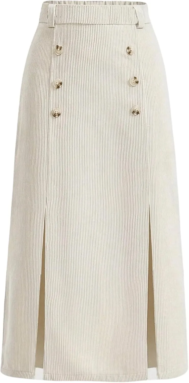SweatyRocks Women's Split Midi Skirt Button Front High Waisted Fall Corduroy Skirts