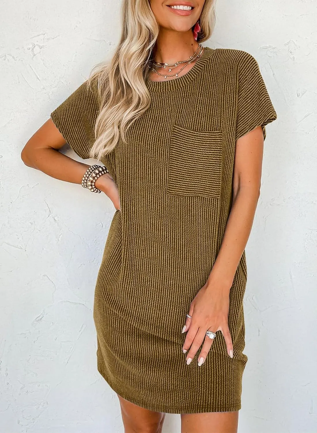 T Shirt Dress for Women Casual Ribbed Mini Tshirt Dress Crewneck Short Sleeve Striped Textured Dresses Fashion Dresses
