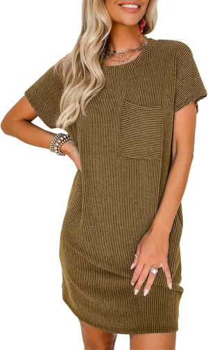 T Shirt Dress for Women Casual Ribbed Mini Tshirt Dress Crewneck Short Sleeve Striped Textured Dresses Fashion Dresses