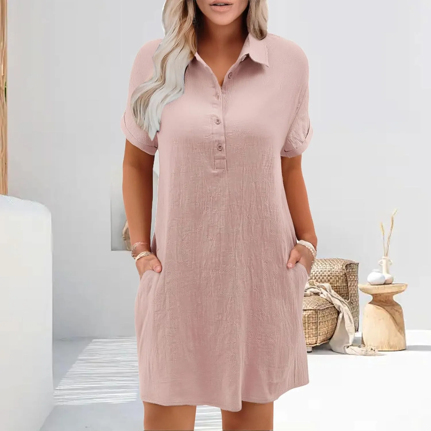 T Shirt Dresses for Women 2025 Cotton Linen Casual Summer Dress Short Sleeve Beach Cover Up Shirt Sundress with Pocket