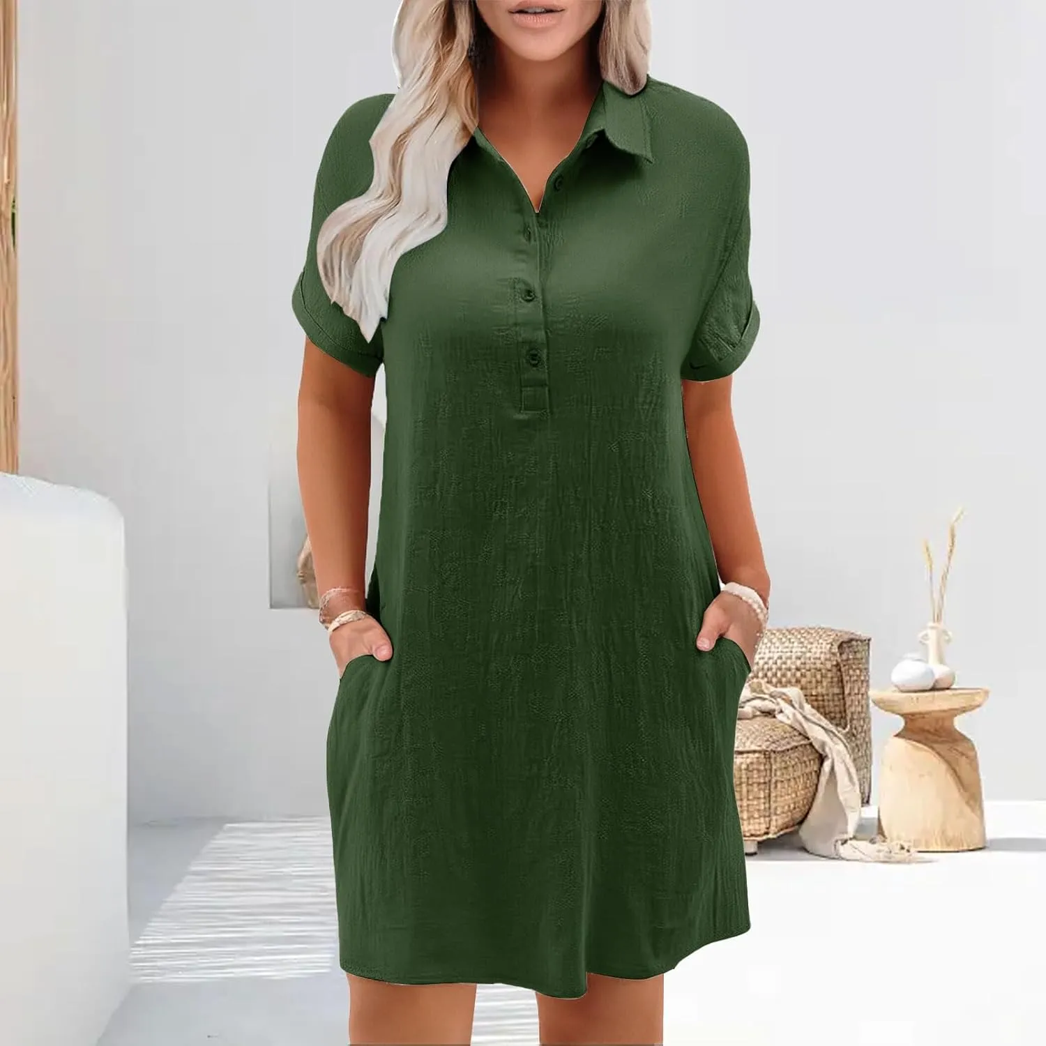 T Shirt Dresses for Women 2025 Cotton Linen Casual Summer Dress Short Sleeve Beach Cover Up Shirt Sundress with Pocket