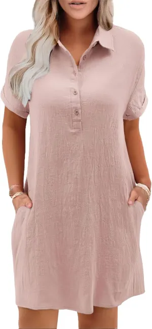 T Shirt Dresses for Women 2025 Cotton Linen Casual Summer Dress Short Sleeve Beach Cover Up Shirt Sundress with Pocket