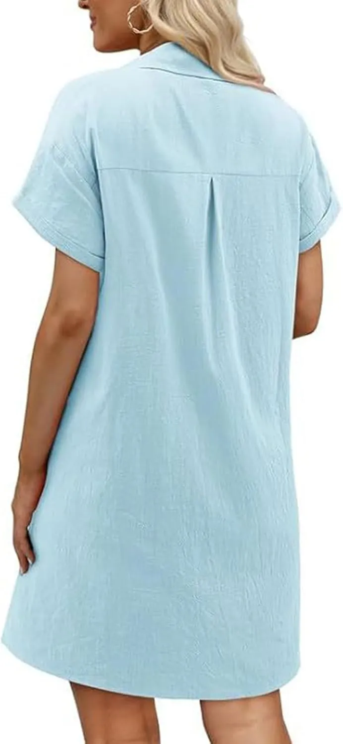 T Shirt Dresses for Women 2025 Cotton Linen Casual Summer Dress Short Sleeve Beach Cover Up Shirt Sundress with Pocket