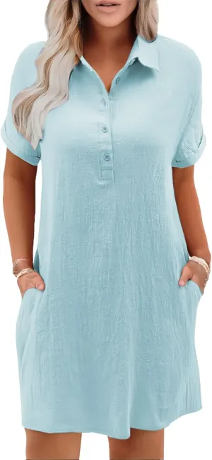 T Shirt Dresses for Women 2025 Cotton Linen Casual Summer Dress Short Sleeve Beach Cover Up Shirt Sundress with Pocket