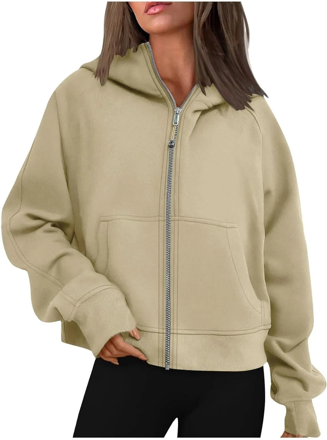 TANGNADE Womens Full Zip Pullover Cropped Hoodies Long Sleeve Fleece Sweatshirts with Pockets Fall Outfits Clothes