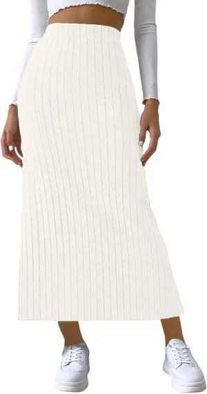 Texture Maxi Skorts for Women Ribbed Knitted Stretch Bodycon High Waist Pencil Skirts Casual Solid Side Split Skirt