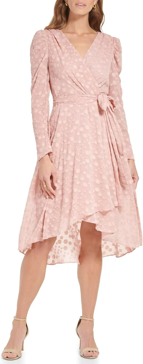 Tommy Hilfiger Women's Fit and Flare Midi Long Sleeve Faux Wrap Chiffon