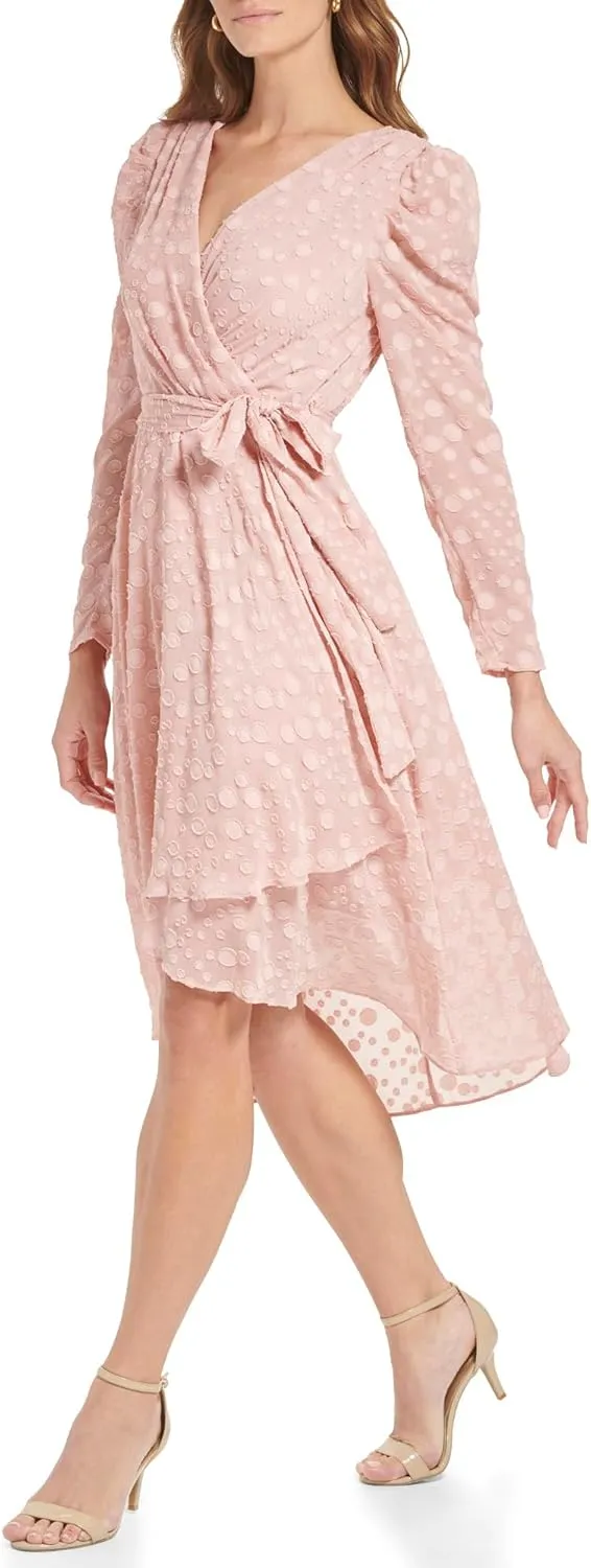 Tommy Hilfiger Women's Fit and Flare Midi Long Sleeve Faux Wrap Chiffon