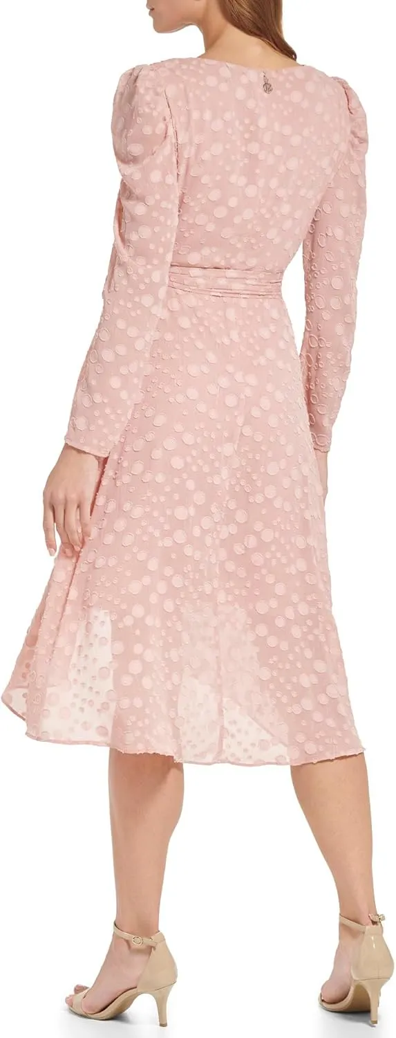 Tommy Hilfiger Women's Fit and Flare Midi Long Sleeve Faux Wrap Chiffon