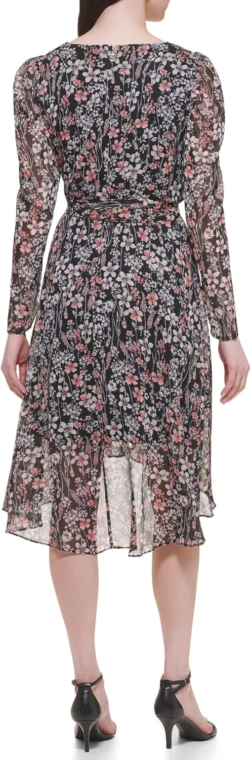 Tommy Hilfiger Women's Fit and Flare Midi Long Sleeve Faux Wrap Chiffon