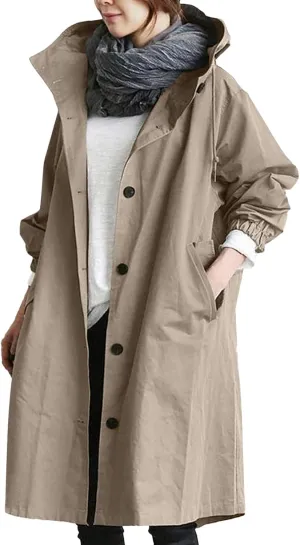 Trench Jacket for Women Button Down Loose Hooded Oversized Elegant Windbreaker Lightweight Waterproof Coat Outwear
