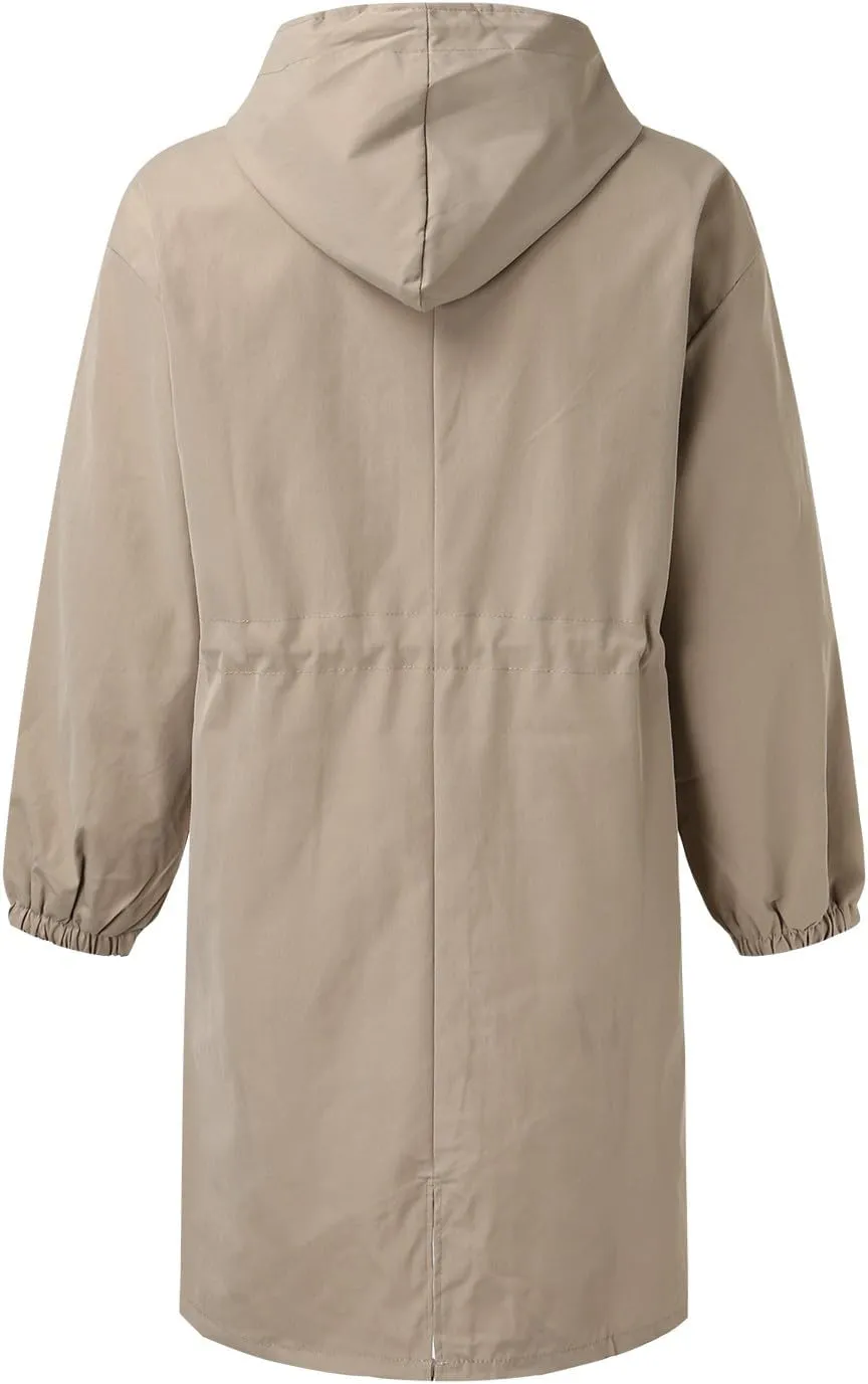Trench Jacket for Women Button Down Loose Hooded Oversized Elegant Windbreaker Lightweight Waterproof Coat Outwear
