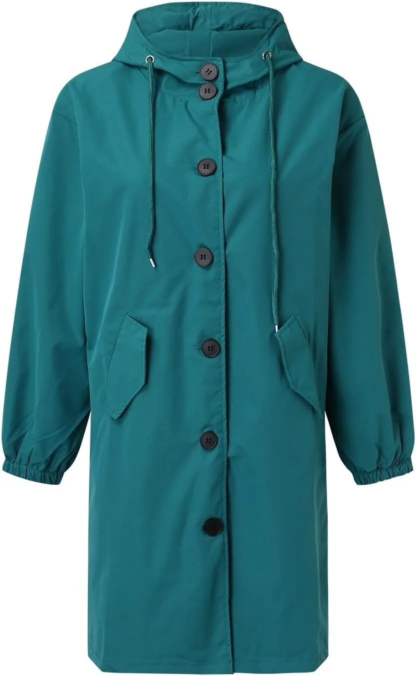 Trench Jacket for Women Button Down Loose Hooded Oversized Elegant Windbreaker Lightweight Waterproof Coat Outwear