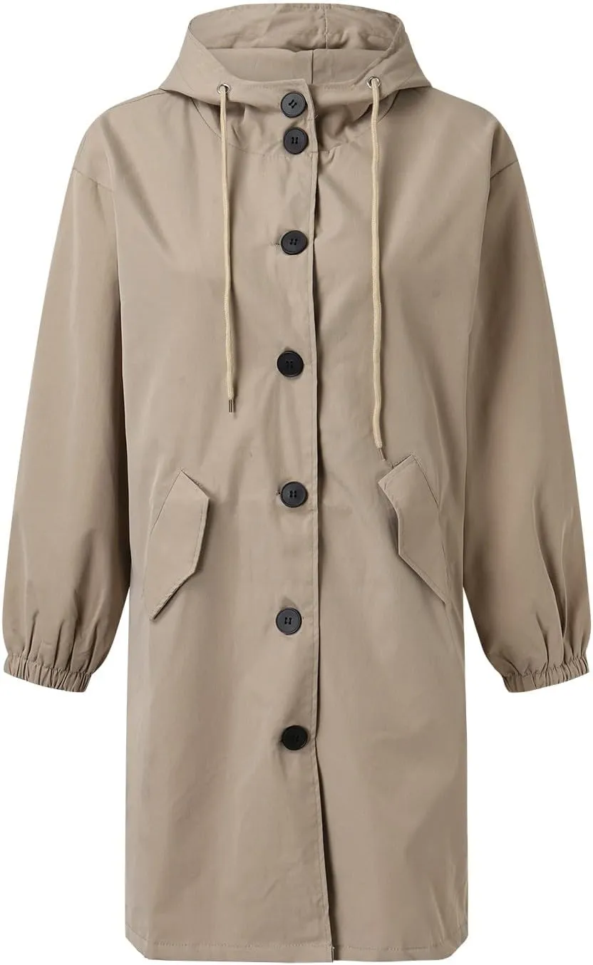 Trench Jacket for Women Button Down Loose Hooded Oversized Elegant Windbreaker Lightweight Waterproof Coat Outwear