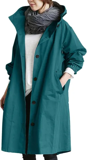 Trench Jacket for Women Button Down Loose Hooded Oversized Elegant Windbreaker Lightweight Waterproof Coat Outwear