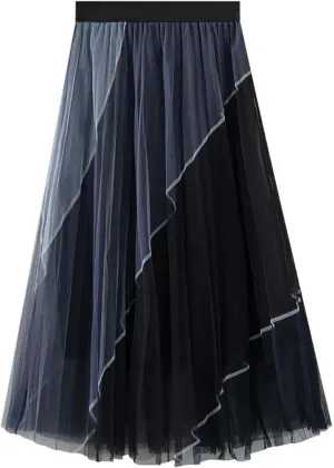 Tulle Skirts for Women 2025 Summer Elastic High Waisted Swing A-Line Patchwork Pleated Skirt