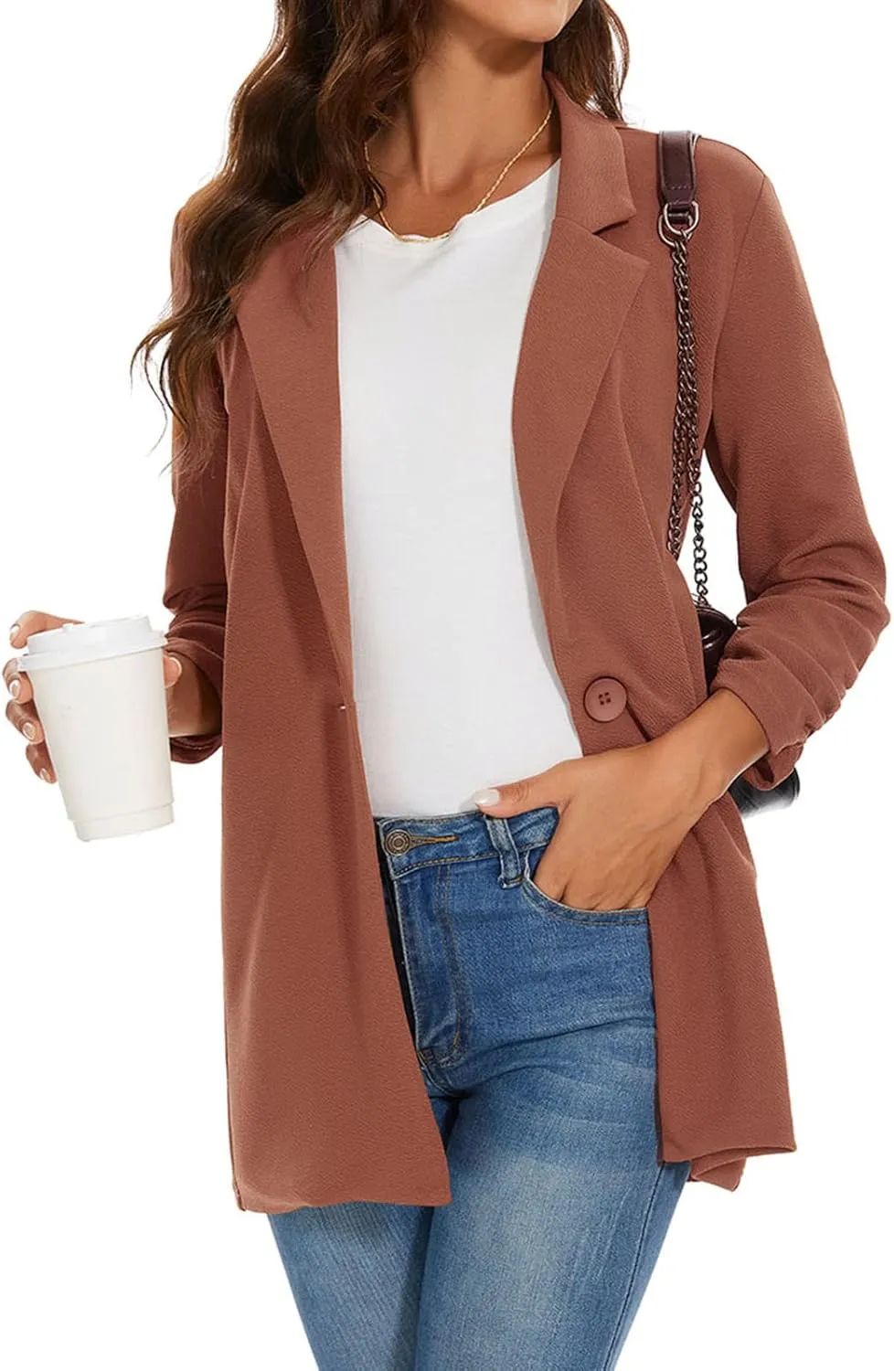 Unifizz Women's Long Sleeve Button Front Blazers Casual Lightweight Work Office Long Blazer Jackets