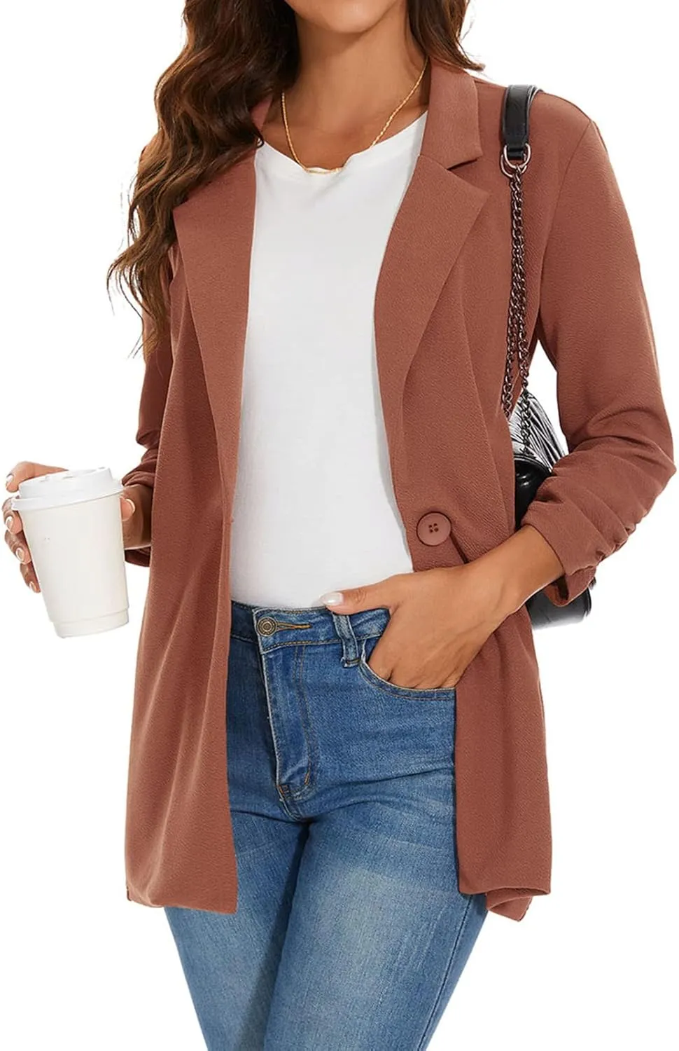 Unifizz Women's Long Sleeve Button Front Blazers Casual Lightweight Work Office Long Blazer Jackets