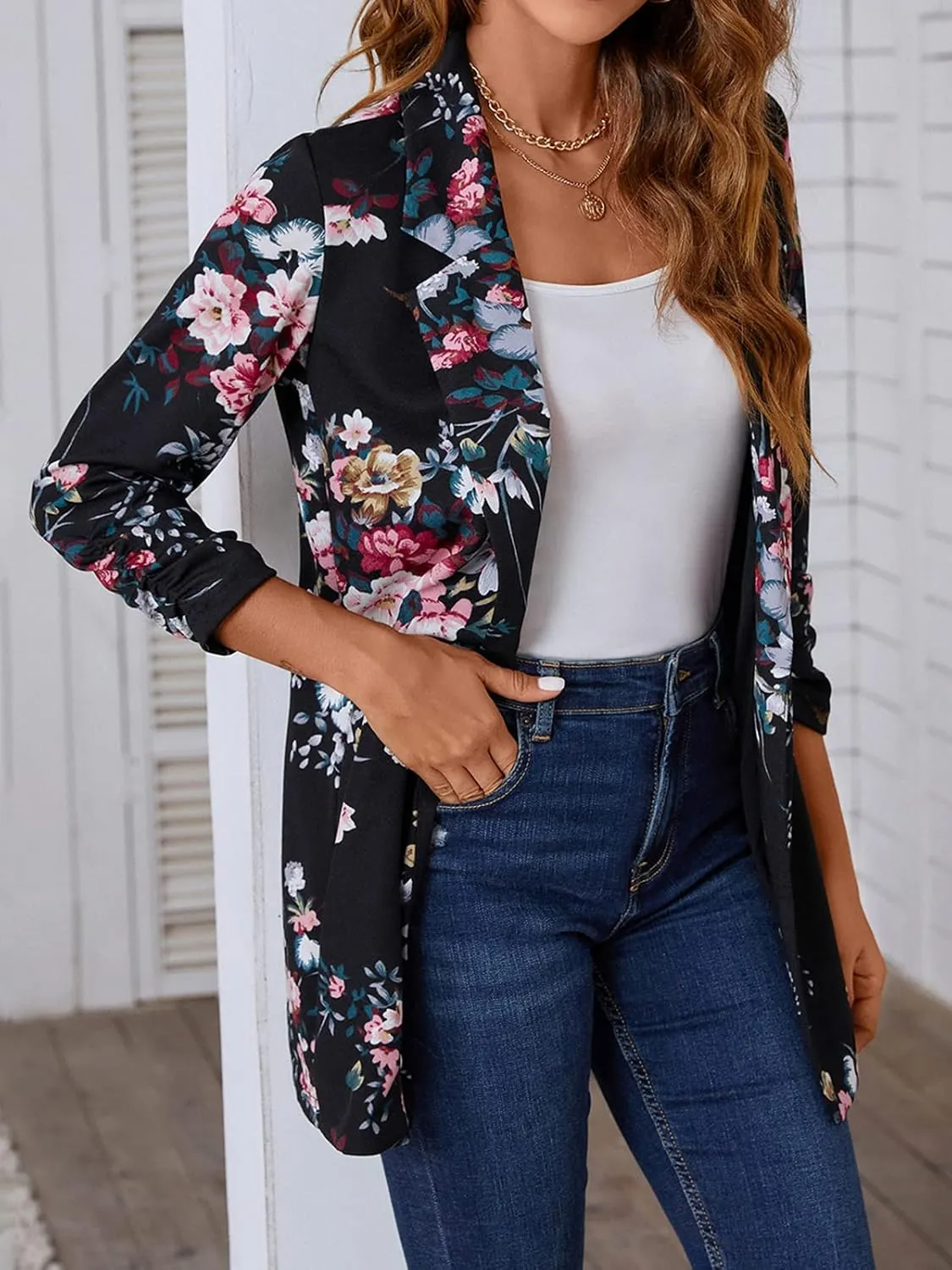 Unifizz Women's Long Sleeve Button Front Blazers Casual Lightweight Work Office Long Blazer Jackets