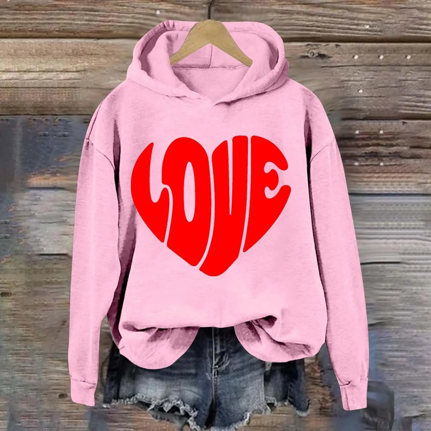 Valentine's Day Hoodie Women Funny Valentine Love Heart Graphic Sweatshirt Valentine Long Sleeve Hoodie Pullover Tops