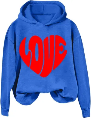 Valentine's Day Hoodie Women Funny Valentine Love Heart Graphic Sweatshirt Valentine Long Sleeve Hoodie Pullover Tops