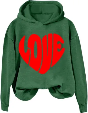Valentine's Day Hoodie Women Funny Valentine Love Heart Graphic Sweatshirt Valentine Long Sleeve Hoodie Pullover Tops