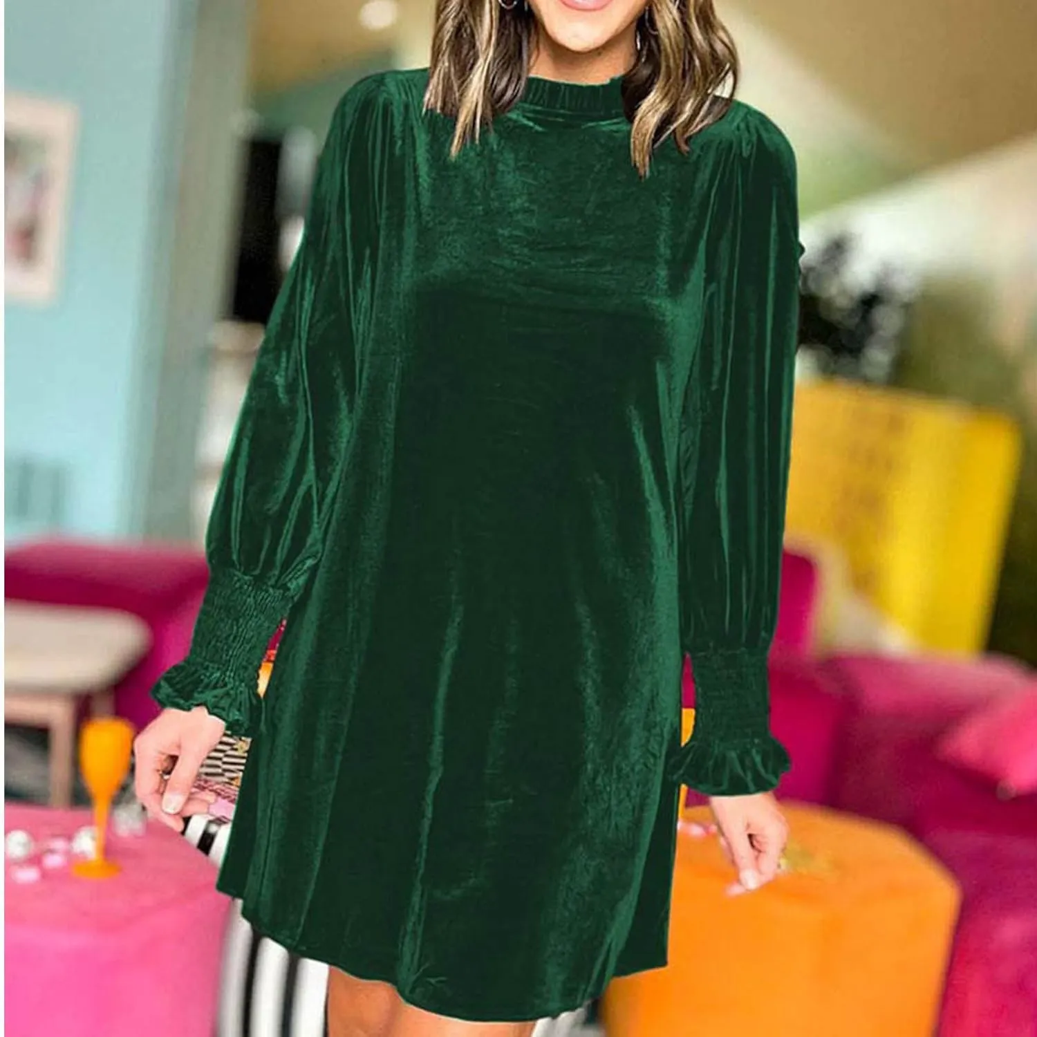 Velvet Dress for Women Long Sleeve Crewneck Shift Short Dress Solid Color Party Short Dress Loose Fit Semi Dress 2024