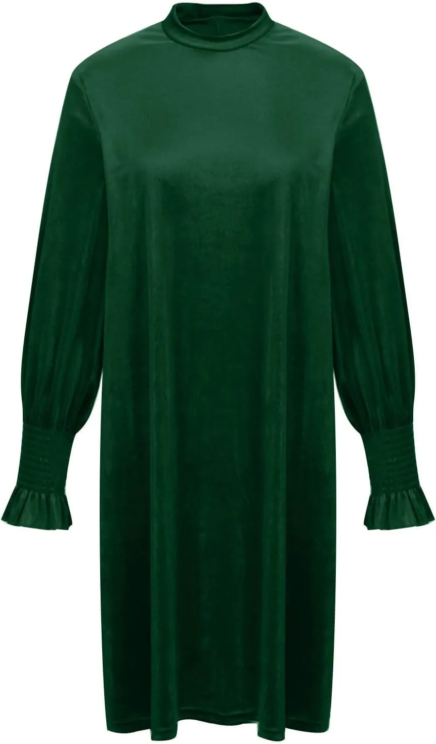Velvet Dress for Women Long Sleeve Crewneck Shift Short Dress Solid Color Party Short Dress Loose Fit Semi Dress 2024